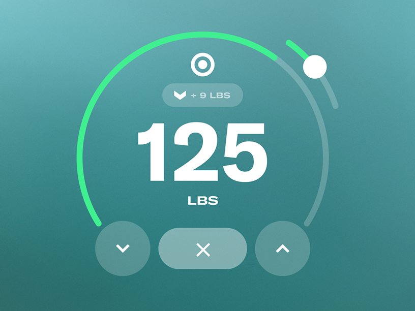 UI showing 125 lbs with arrows to adjust