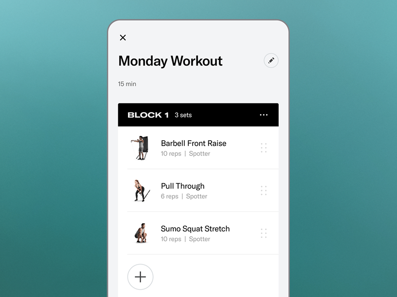 Smartphone UI showing Monday’s workout plan