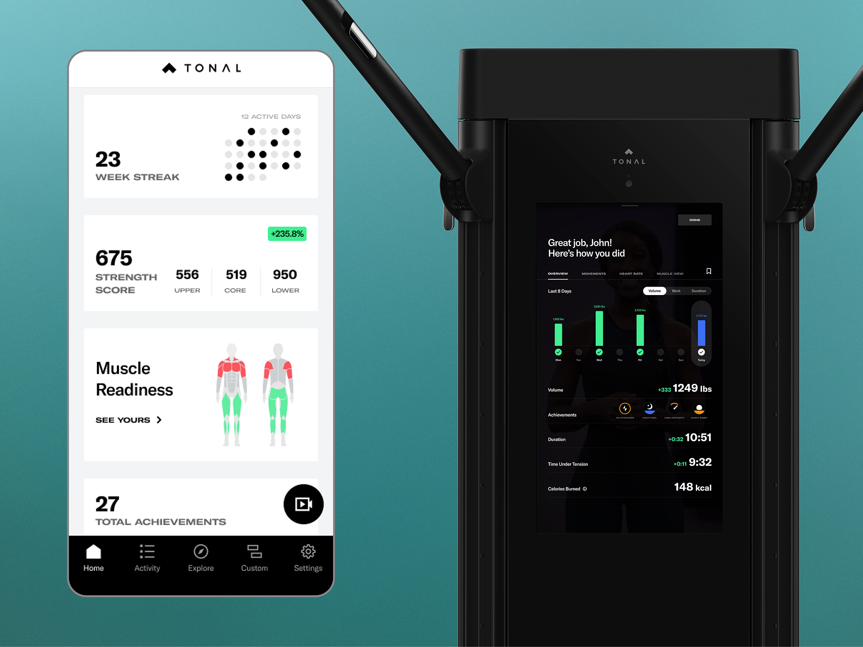 Phone UI and Tonal system showing personalized stats