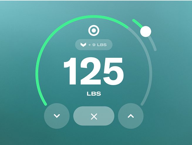 UI showing 125 lbs with arrows to adjust