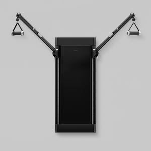 Black treadmill with arm extensions on a gray background