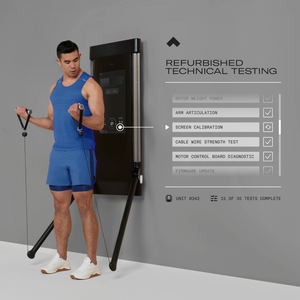 Man using exercise equipment with refurbishment testing interface on a gray background